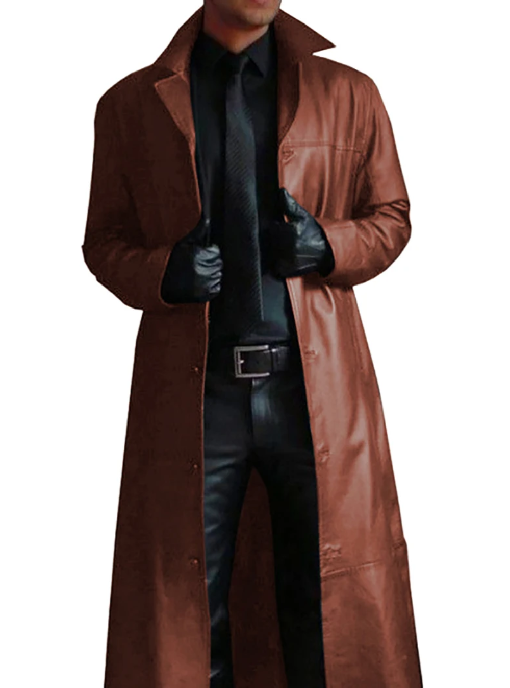 Long leather coat with classic lapels