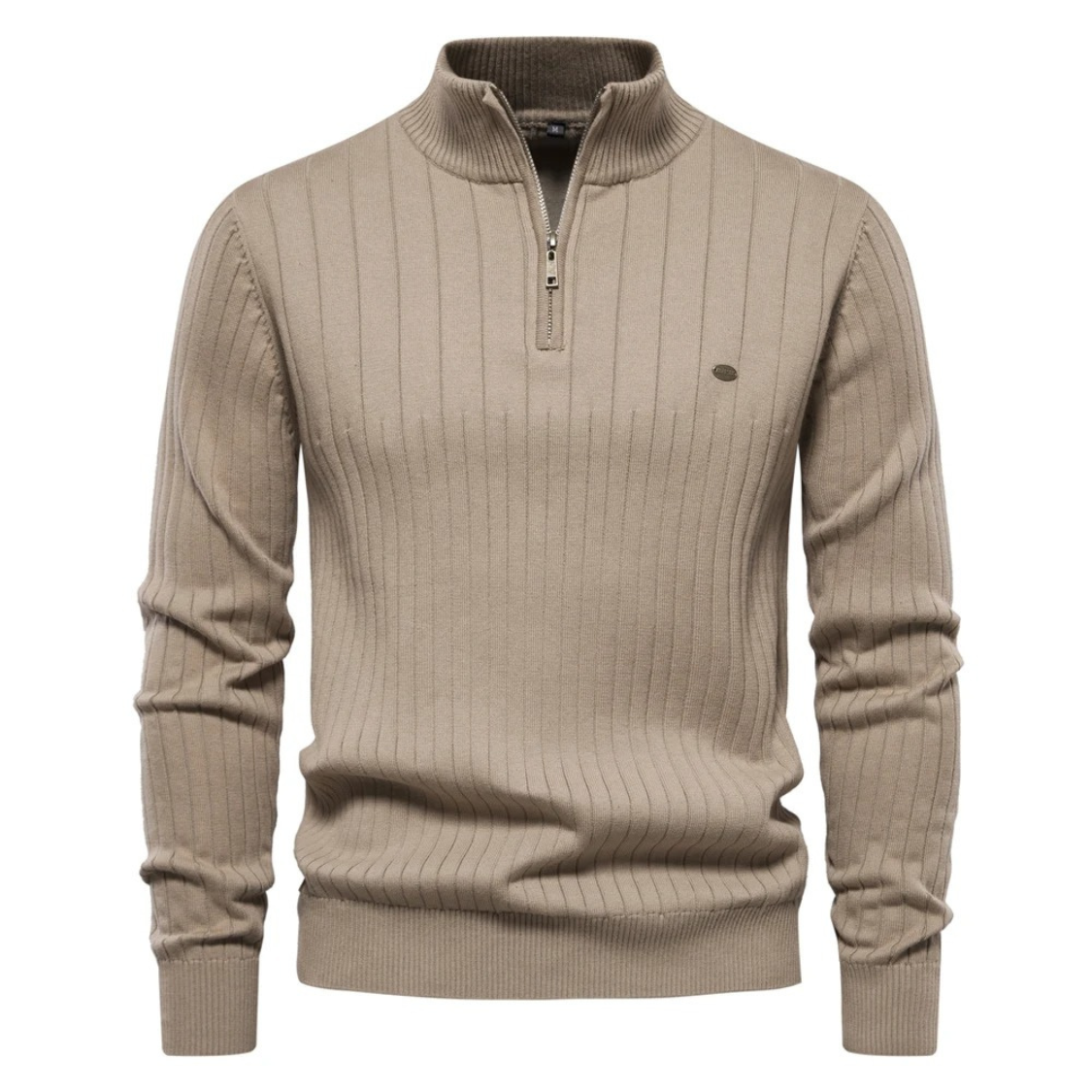 Ribbed knitted pullover with zip and stand-up collar