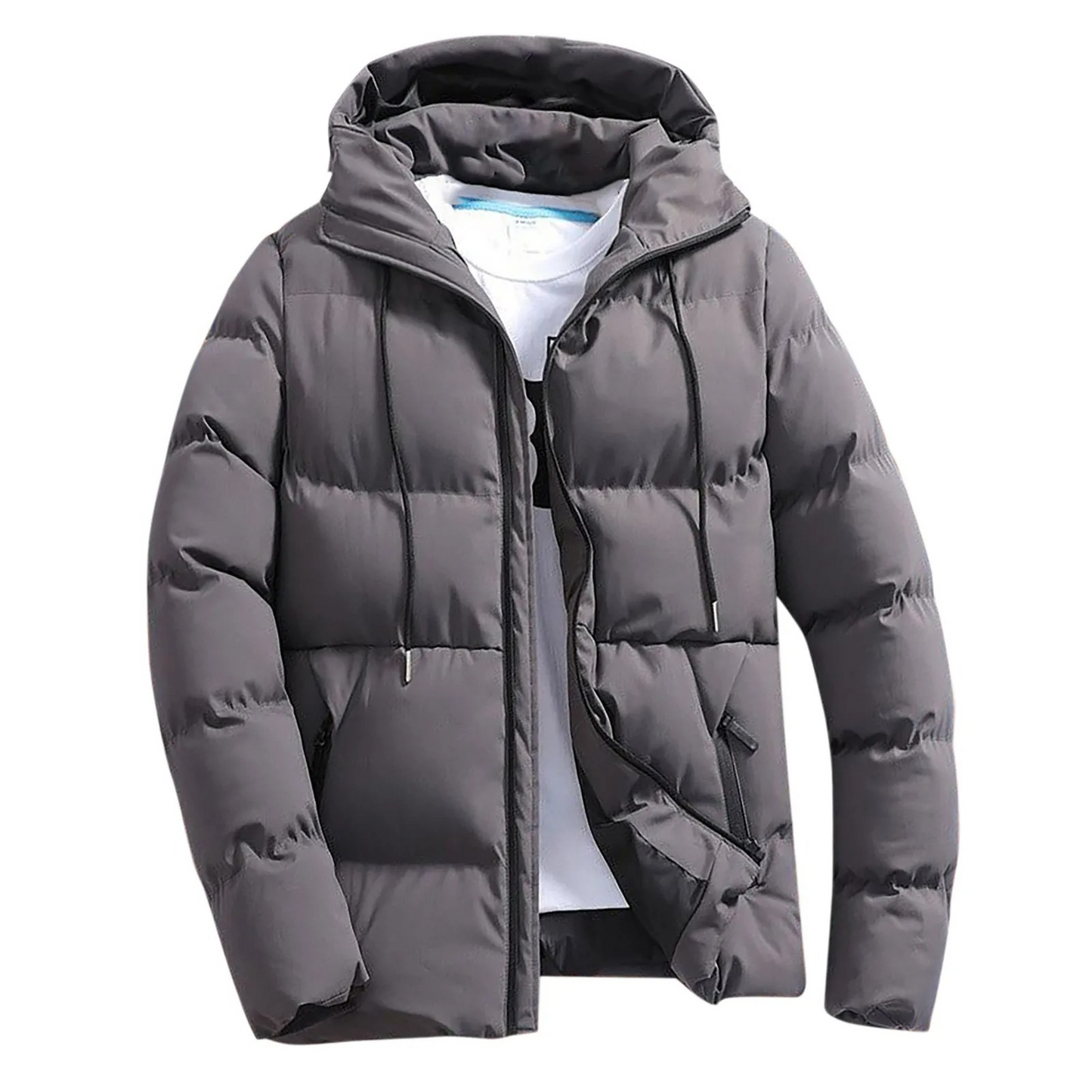 Puffer jacket with hood and zip front