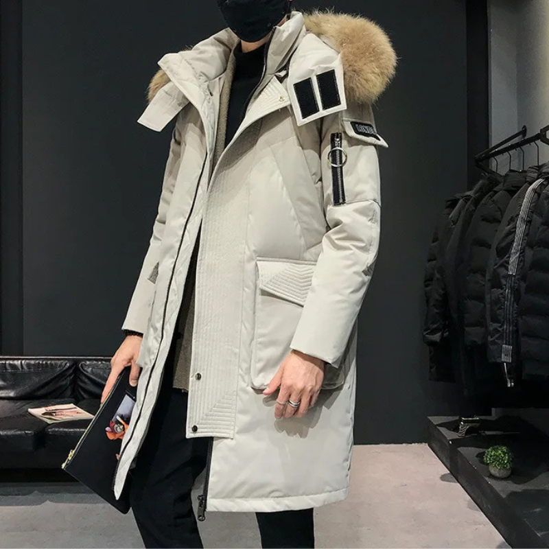 Men's parka winter jacket with fur hood and long sleeves