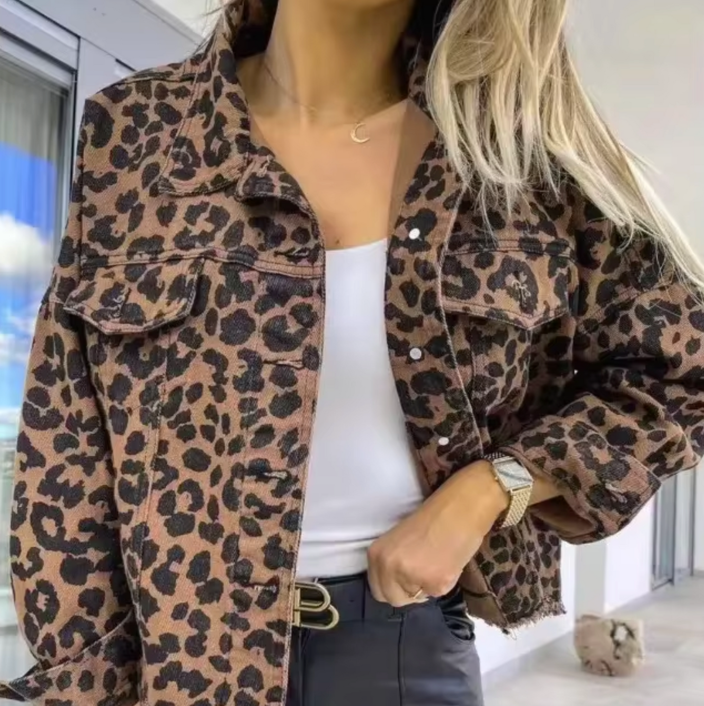 Denim jacket with leopard print