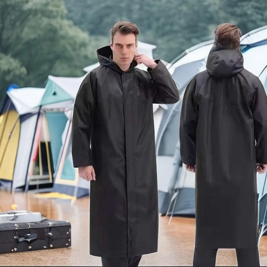 Men's long waterproof mackintosh with hood for outdoor use