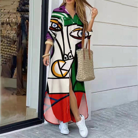 Women - Casual Long Dress - Face Pattern with Slit - Stylish Everyday Wear