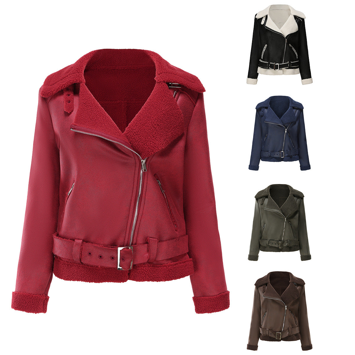 Women - Winter Jacket - Faux Suede with Fur & Belt - Stylish Warm Cold Weather Outerwear