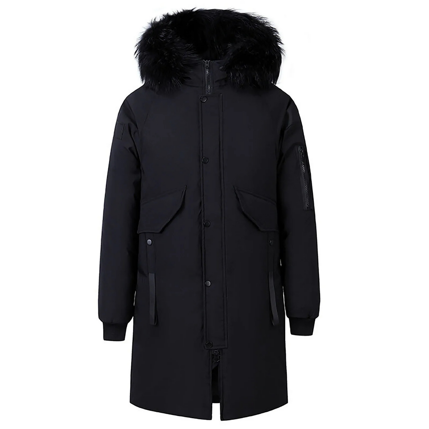 Winter jacket with fur hood and button fastening