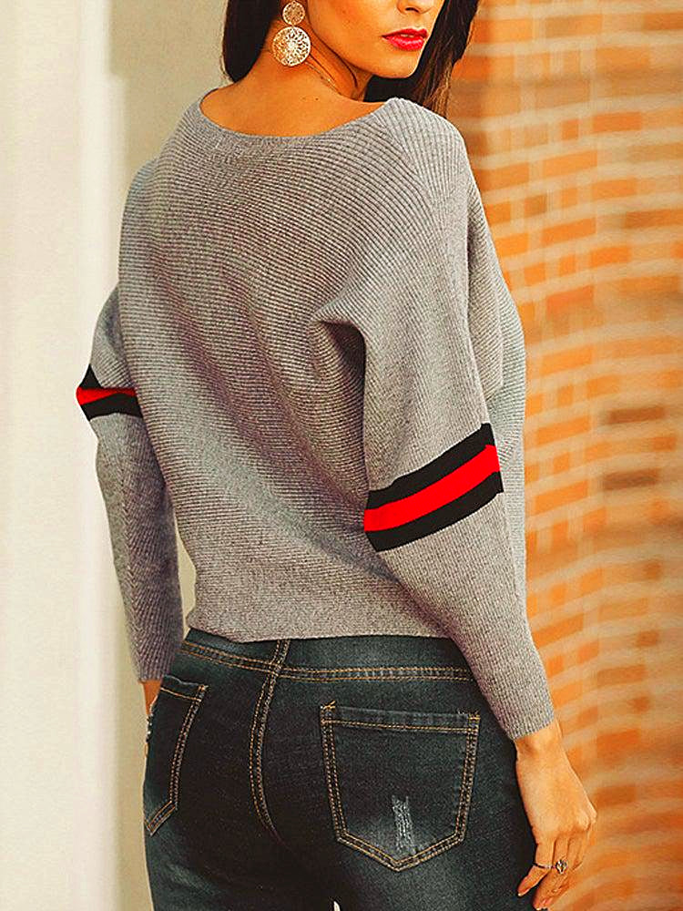 Women - Striped Jumper - Grey and Red - Cozy Casual Knitwear