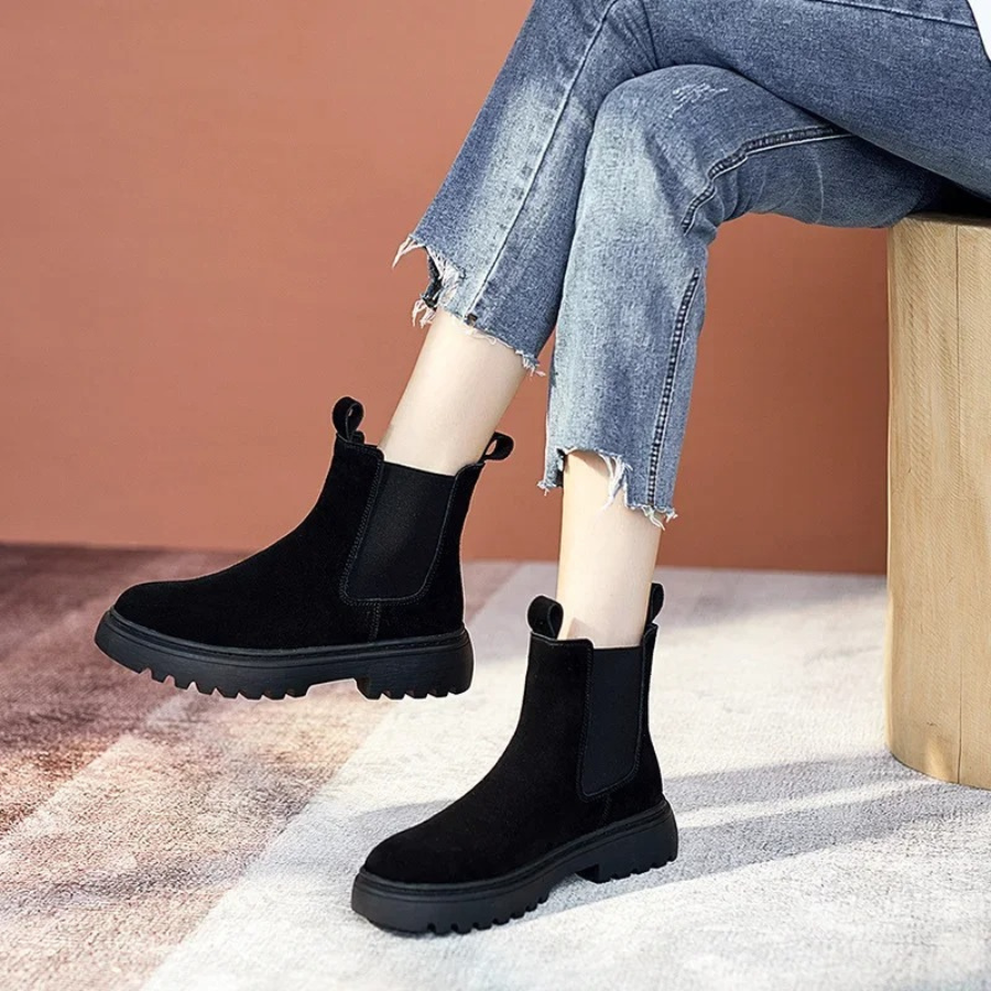 Women's Suede Chelsea Boots with Draw Loops and Rugged Sole