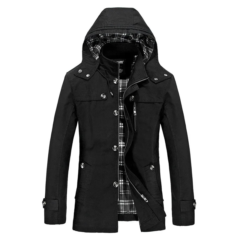 Men's parka winter jacket with detachable hood and button placket