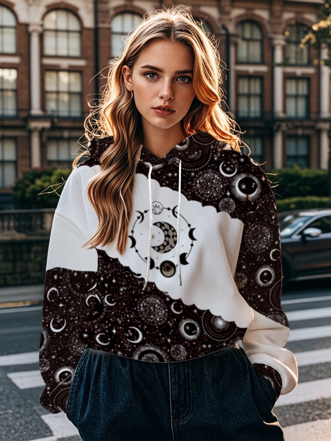 Women - Casual Hoodie - Soft Fabric with Moon Pattern - Black and White Stylish Design