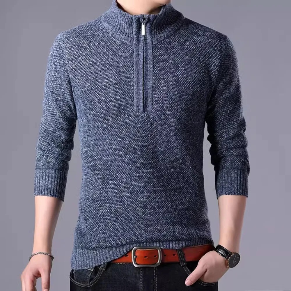 Stylish knitted pullover with zip and stand-up collar