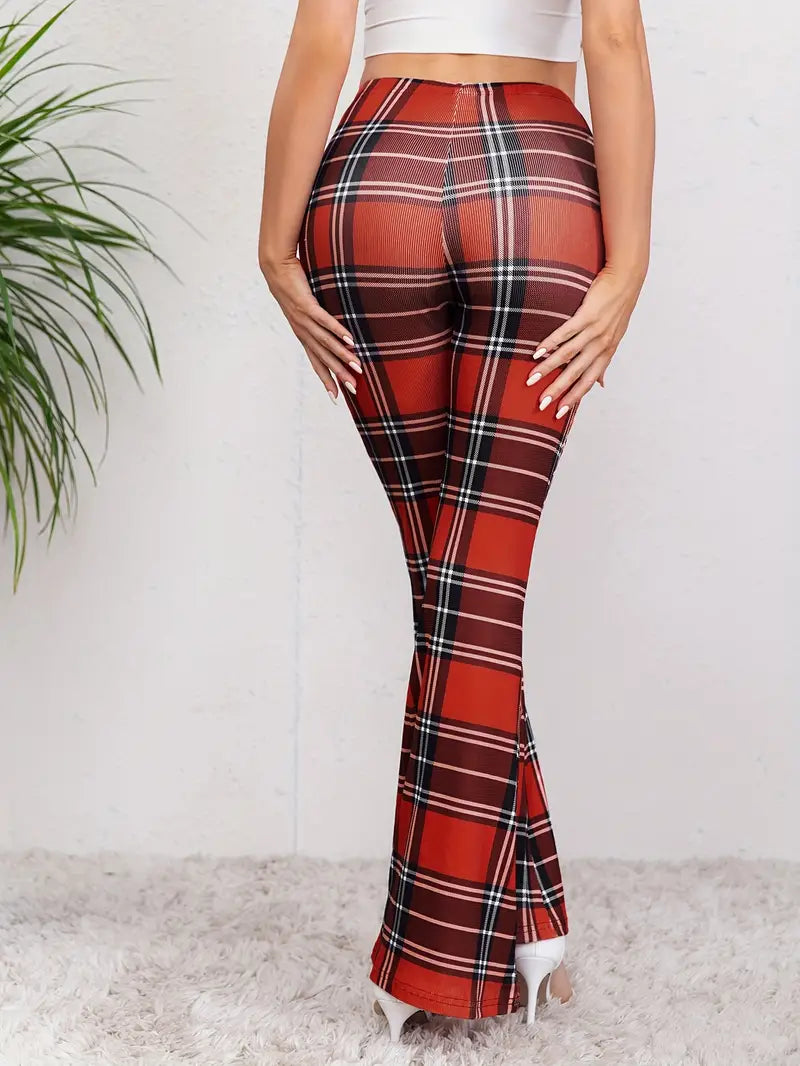 Flared Casual Stretch Fabric Trousers With Plaid