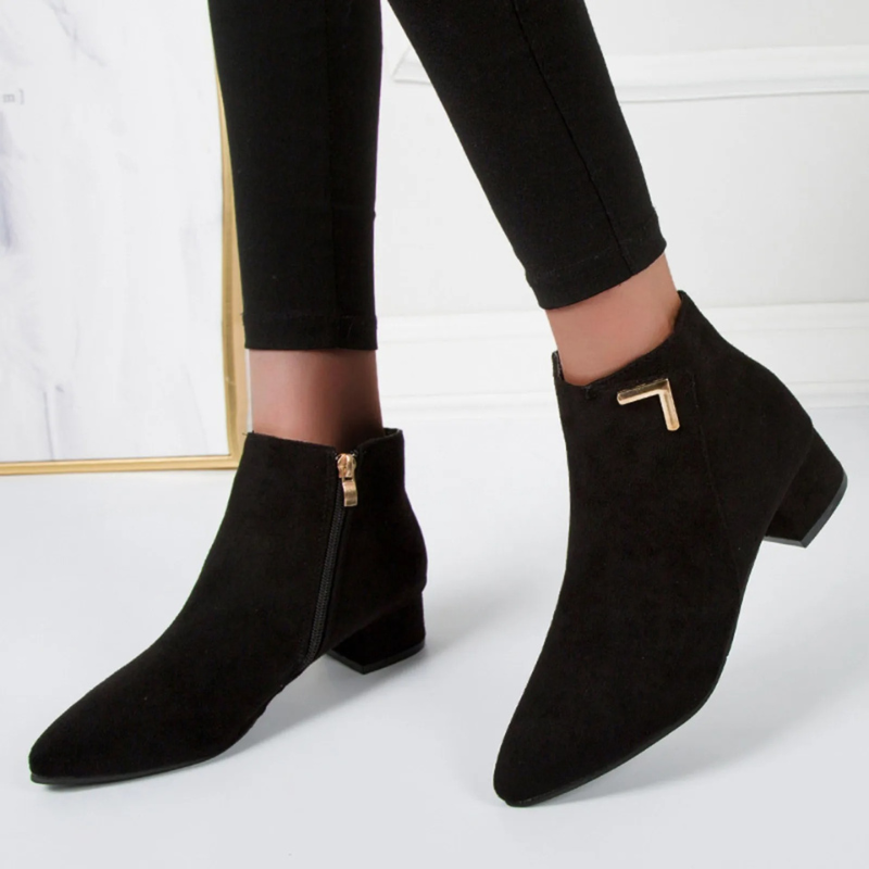 Suede Ankle Boots with Side Zip and Block Heel