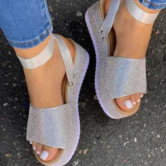 Platform wedge sandals with rhinestones