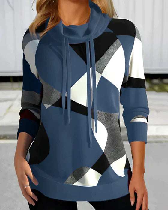 Hooded top with high collar and contrasting colour