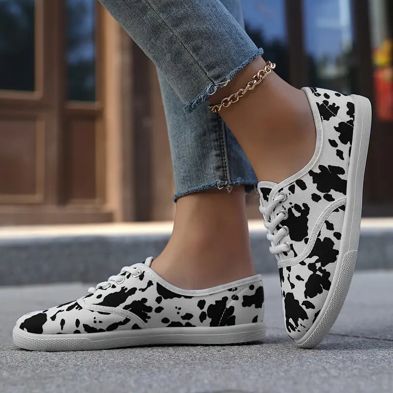 Women's - Slip-On Loafers - Lightweight Canvas Shoes with Cow Print - Stylish Comfort for Everyday Wear