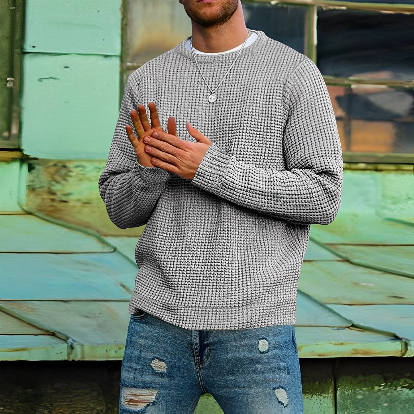 Men's Jumper - Waffle Knit - Round Neck Long Sleeve - Comfortable and Stylish Knitwear