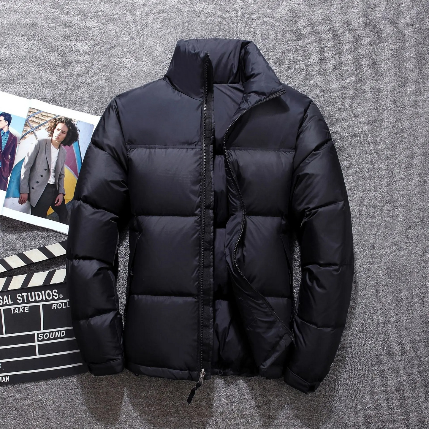 Men's puffer jacket with high collar and full-length zip