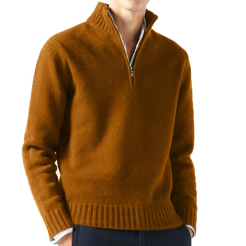 Warm knitted pullover with zip and stand-up collar