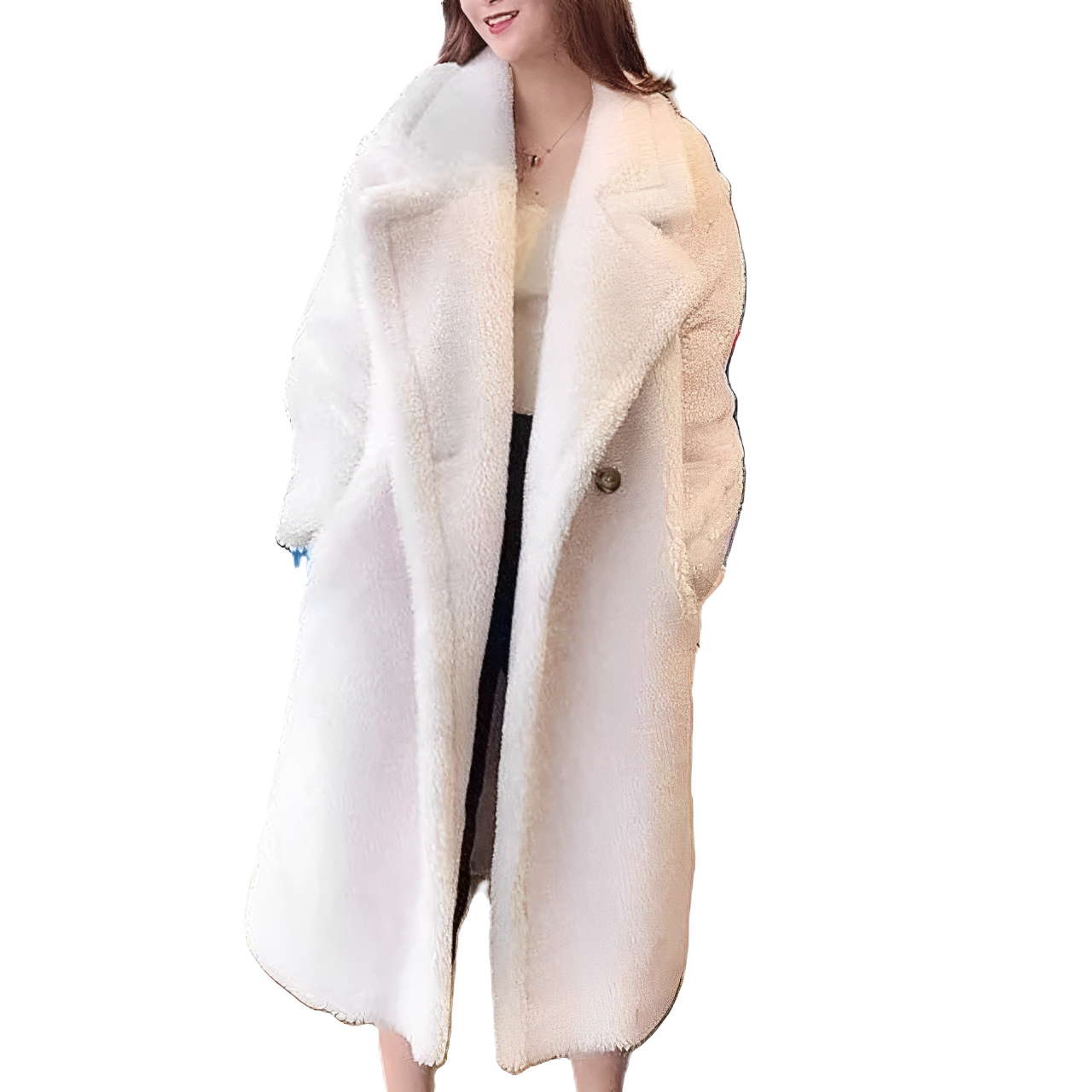 Women - Long Woollen Coat - Thick Fabric with Luxurious Fur - Stylish Winter Outerwear