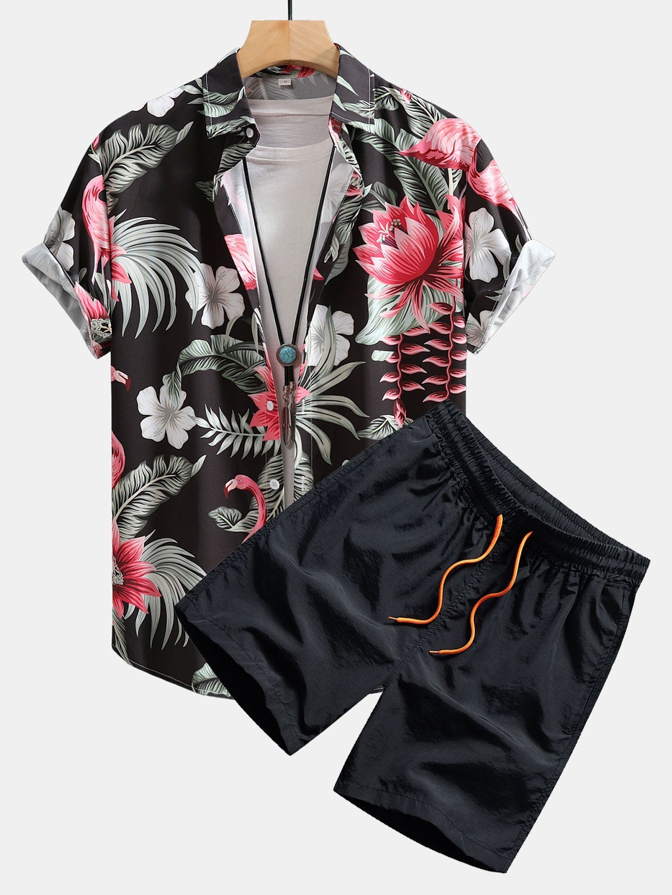 Flamingo Flower Print Button Up Shirt & Swim Shorts