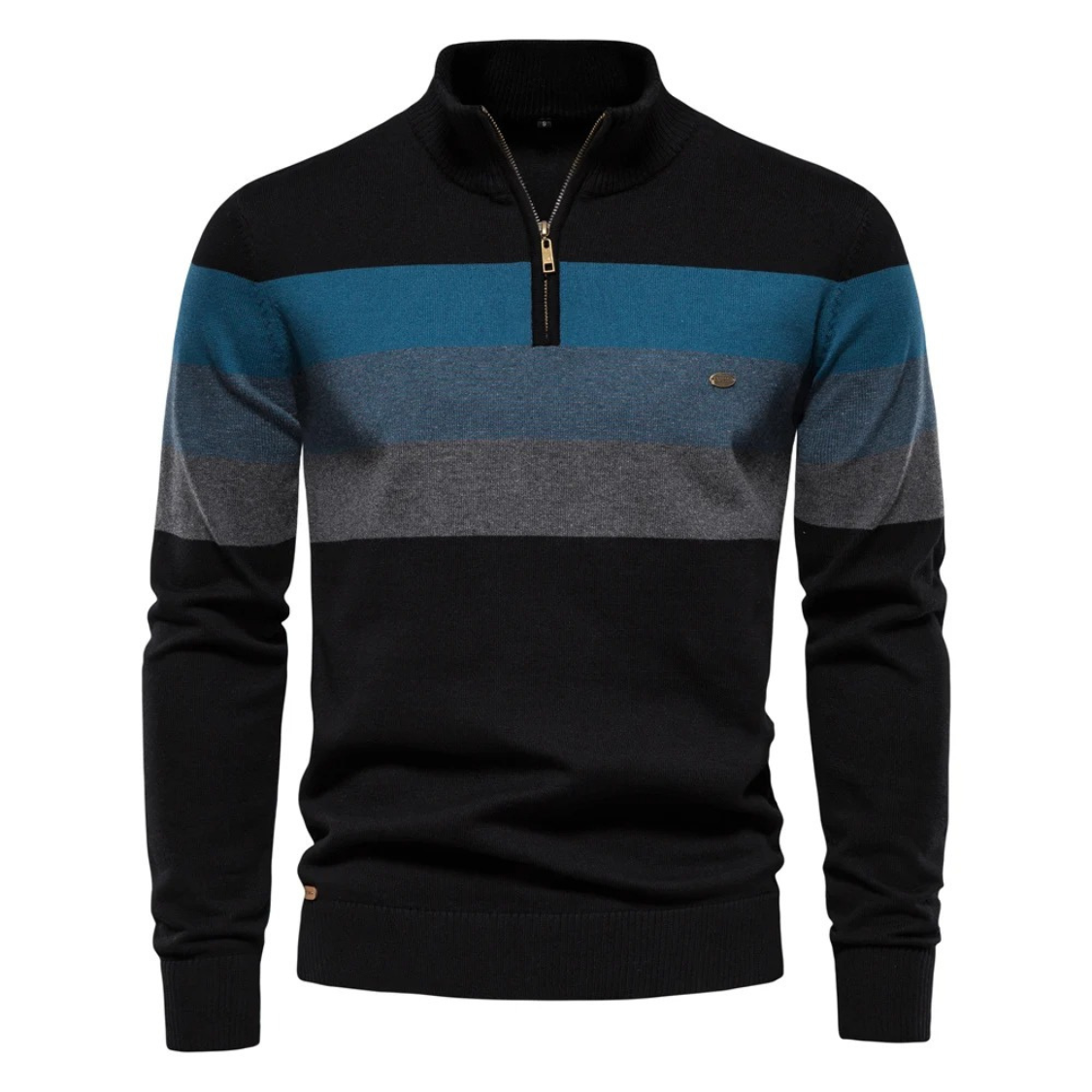 Striped knitted pullover with zip and stand-up collar