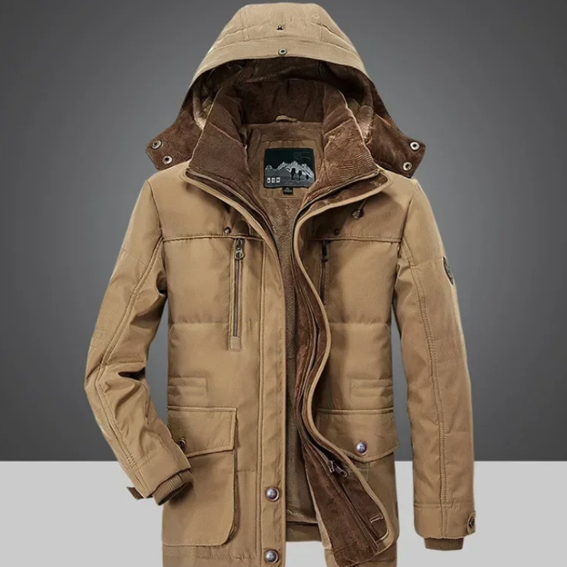 Warm parka jacket for men with soft lining and hood