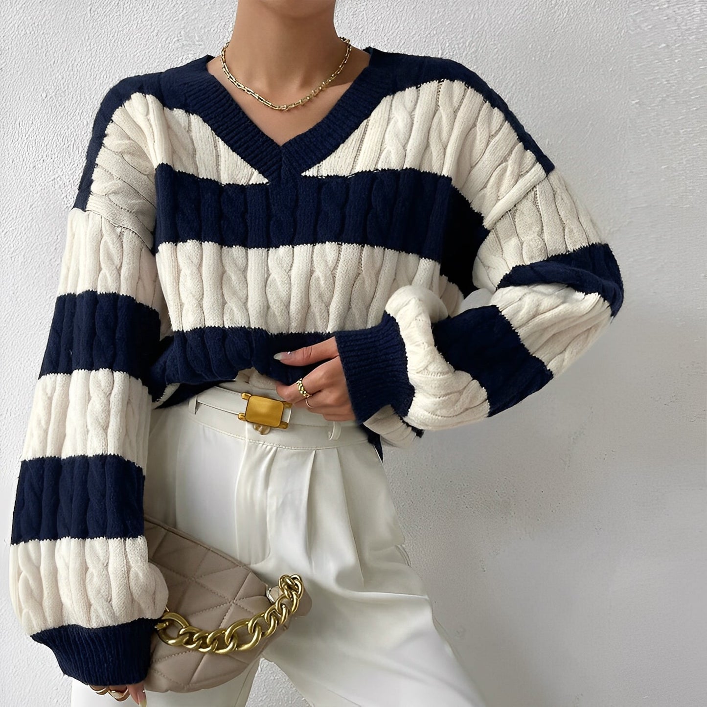 Women's Jumper - V-Neck Striped Long Sleeve - Comfortable and Stylish Knitwear