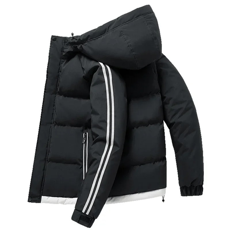 Puffer jacket with hood and contrasting stripes