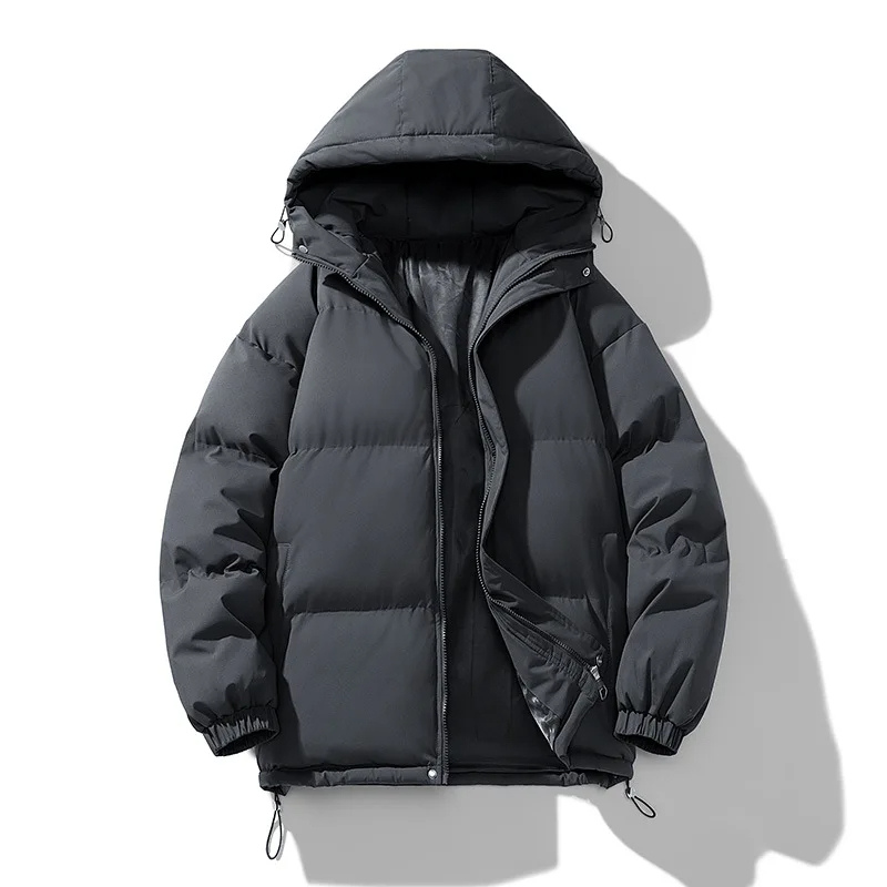 Men's puffer jacket with large hood and adjustable hem