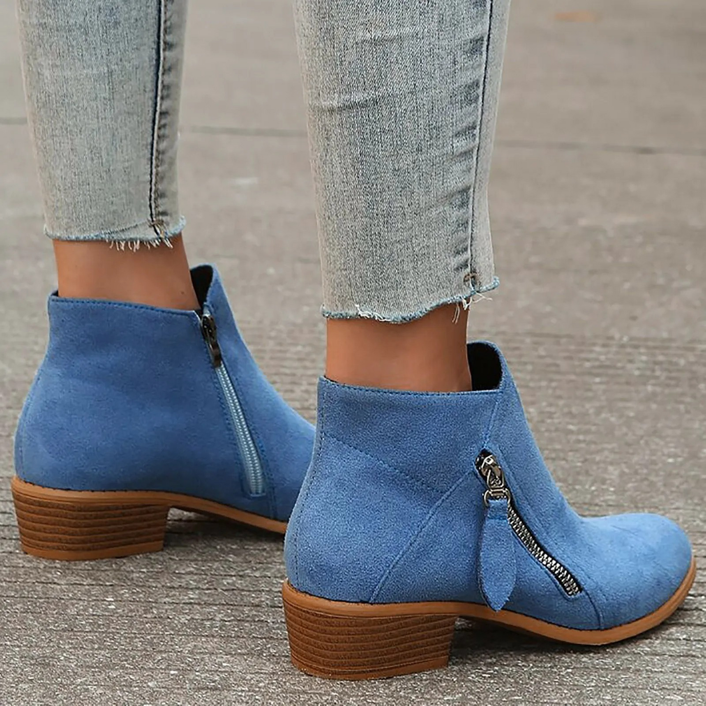 Women's Suede Ankle Boots with Zipper and Low Heel