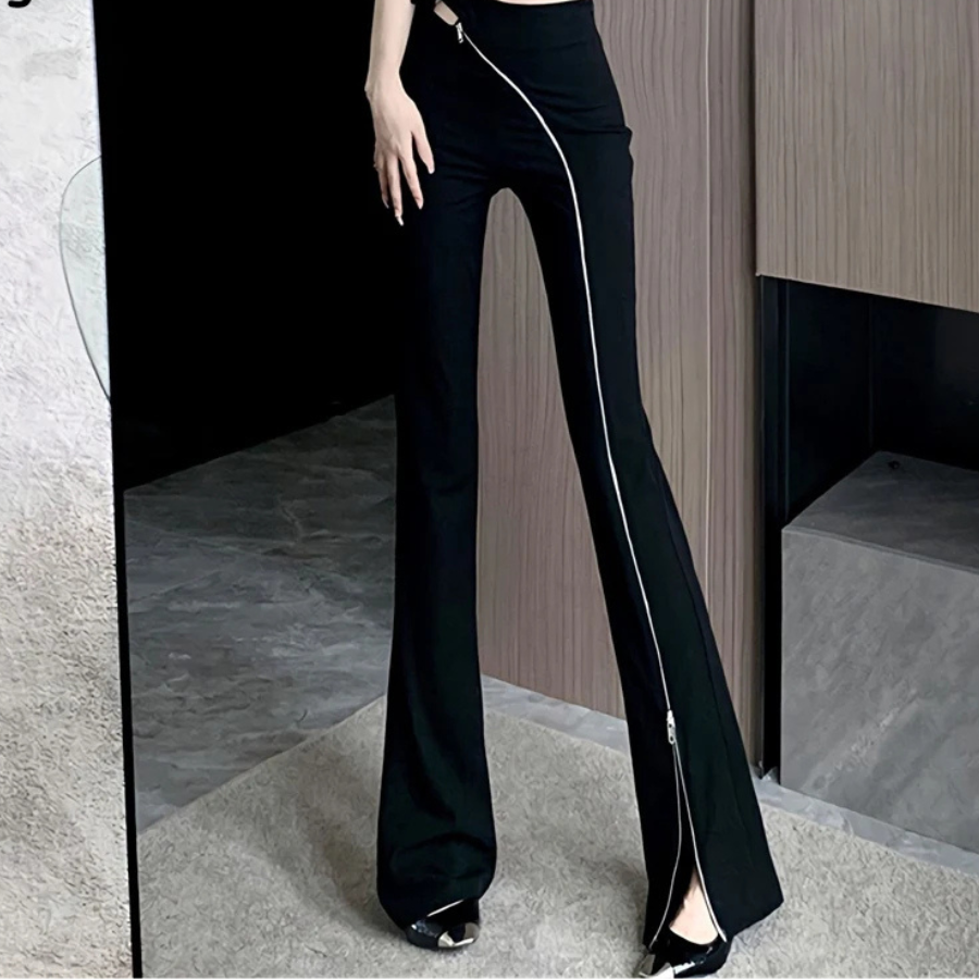 Women's Flared Trousers with Asymmetric Zip and High Waist