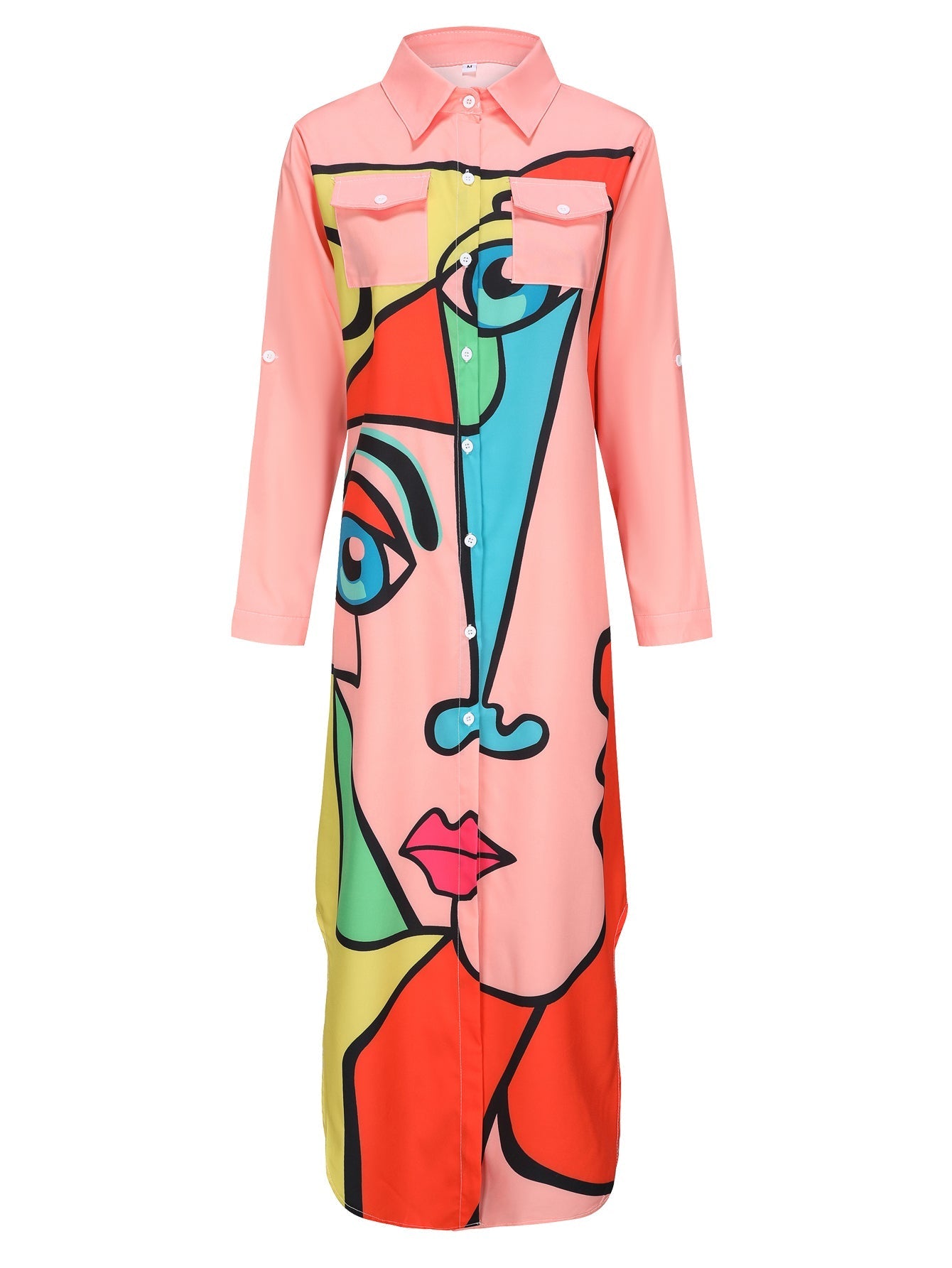 Women - Long Sleeve Dress - Comfortable Collared Design with Charming Pink Pattern - Stylish & Versatile