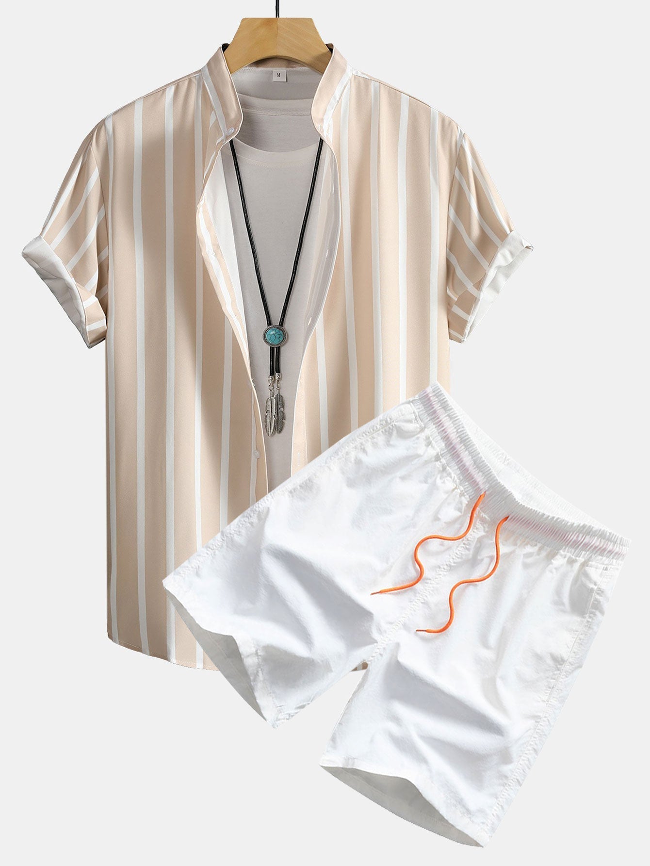 Striped Button Up Stand Collar Shirt & Man Mid Length Drawstring Swim Shorts