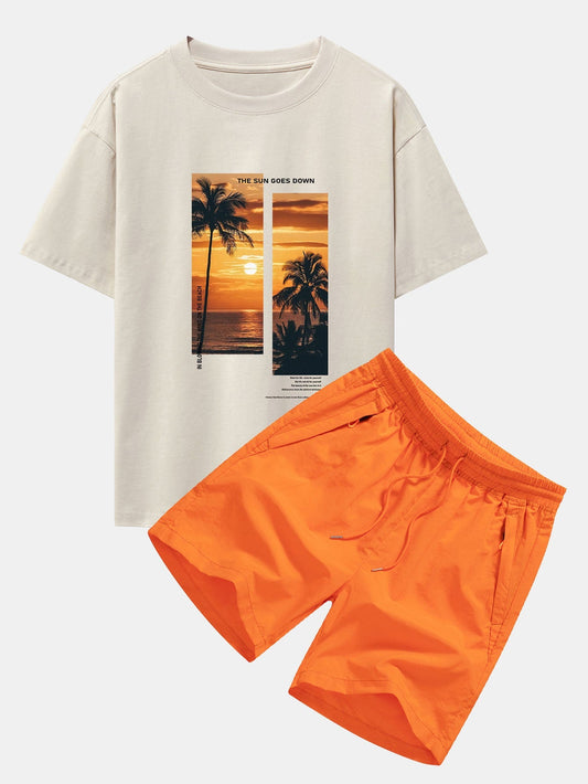 Palm Trees Landscape Slogan Print Oversize T-Shirt & Swim Shorts