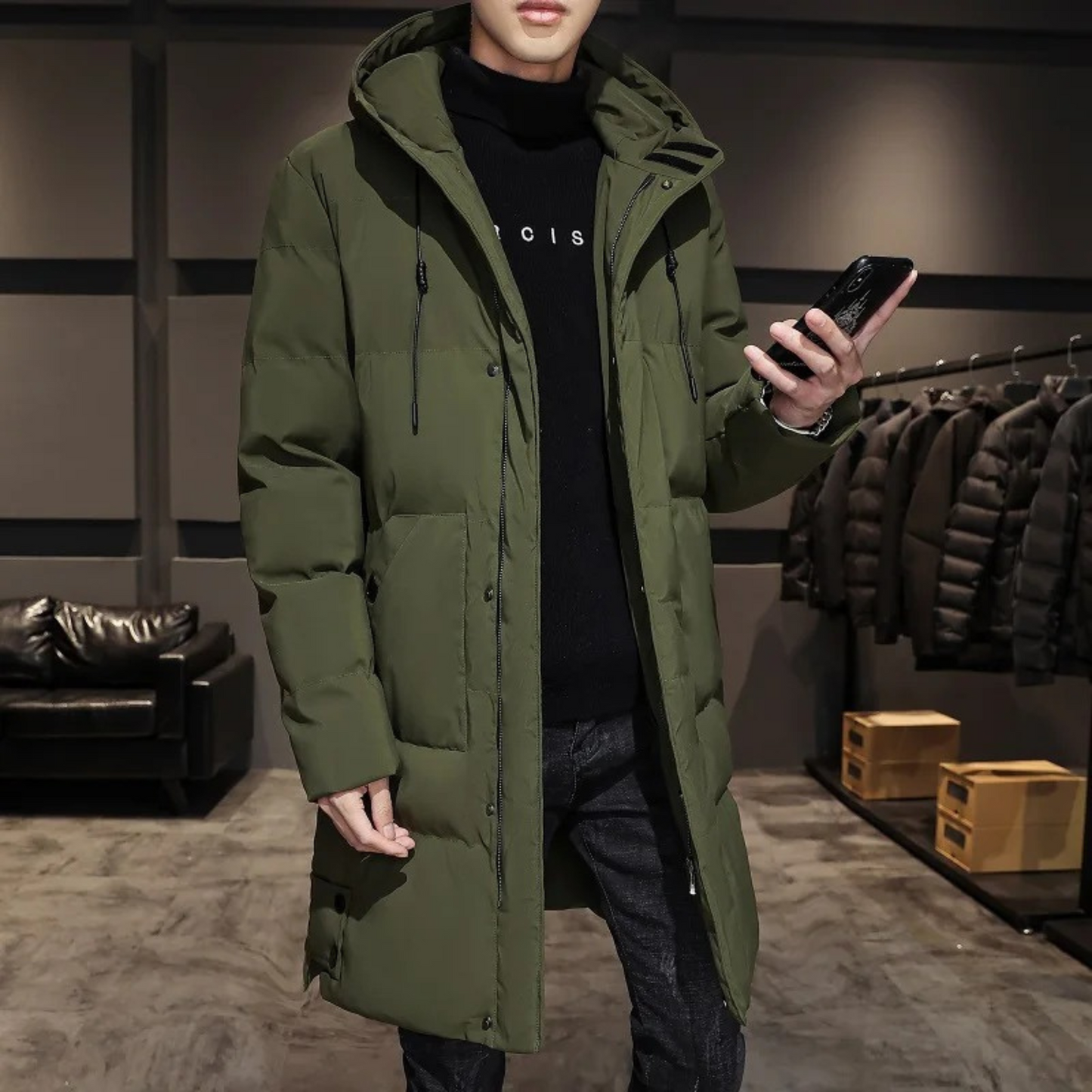 Puffer jacket men long with hood and practical pockets