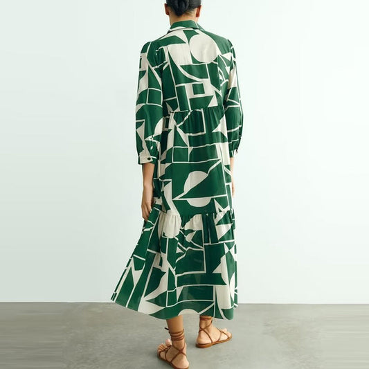 Versatile Geometric Bloc Print Long Shirt Dress