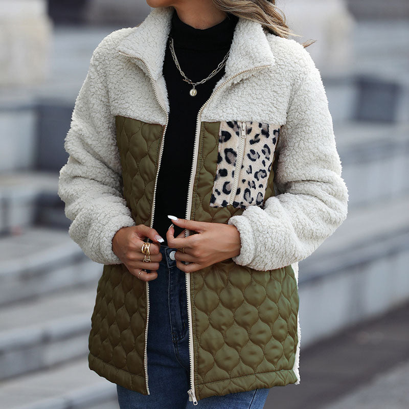 Plush coat with leopard print