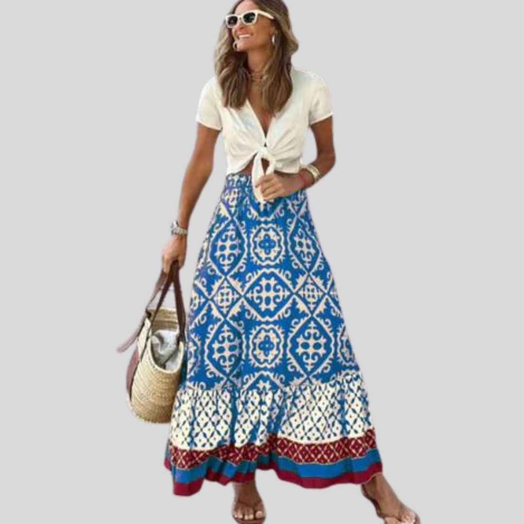 Maxi skirt with ethnic pattern and ruffled hem