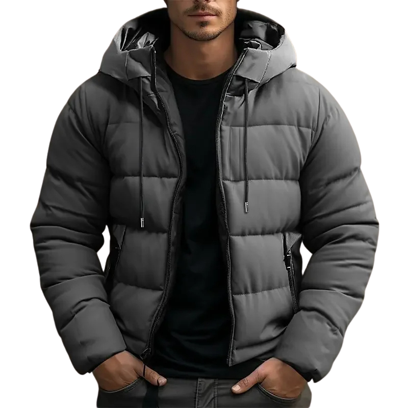 Men's puffer jacket with hood and zip pockets