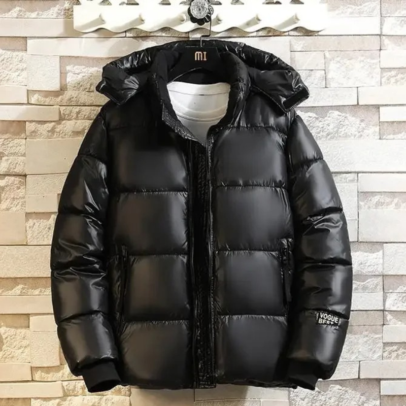 Men's puffer jacket with large hood and warm lining