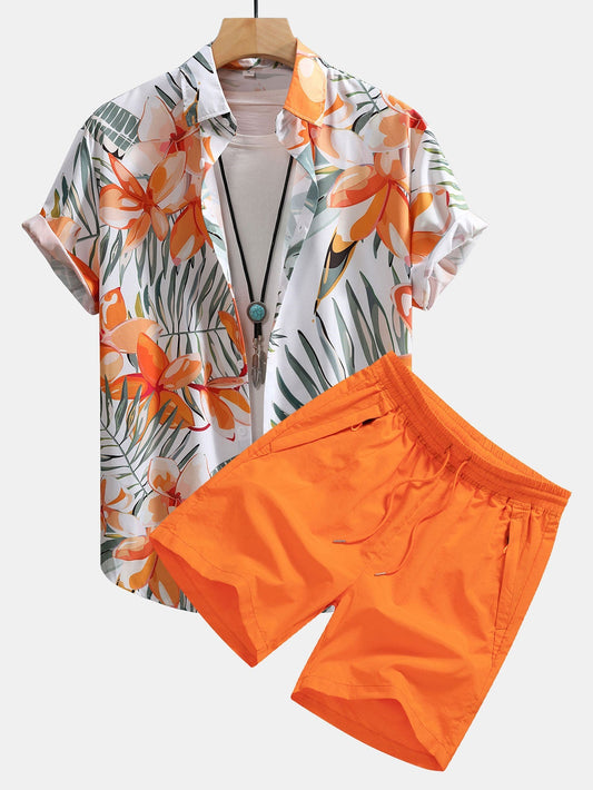 Flower Plants Print Button Up Shirt & Swim Shorts