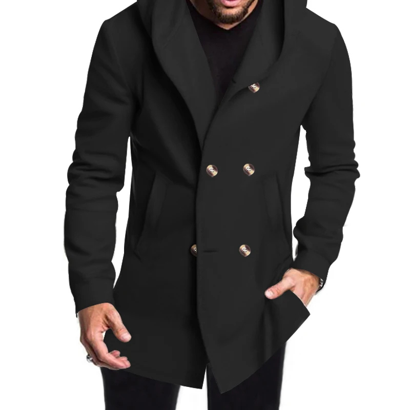 Double-buttoned coat with hood