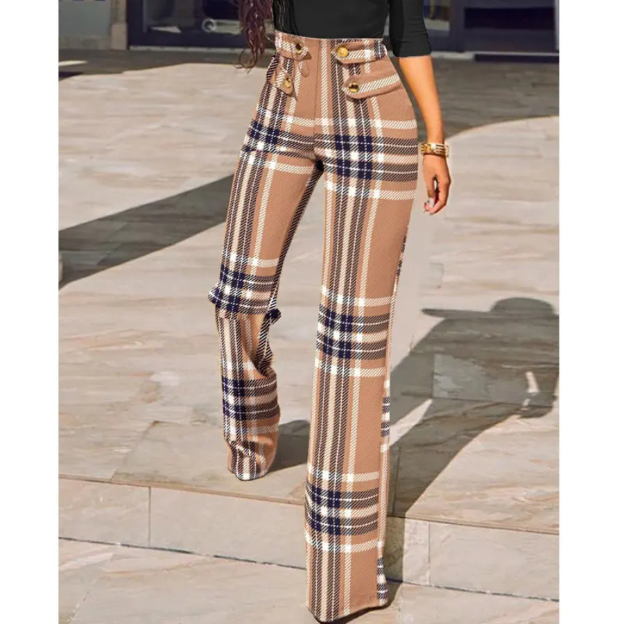 Women's Checkered Flared Trousers with High Waist and Buttons