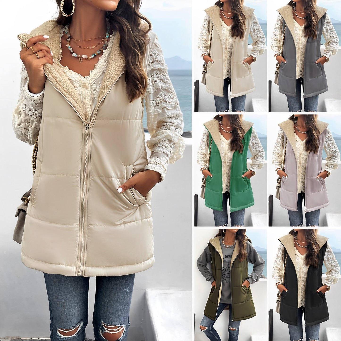 Women - Winter Waistcoat - Hooded Cotton Vest - Stylish and Warm Outerwear for Cold Weather