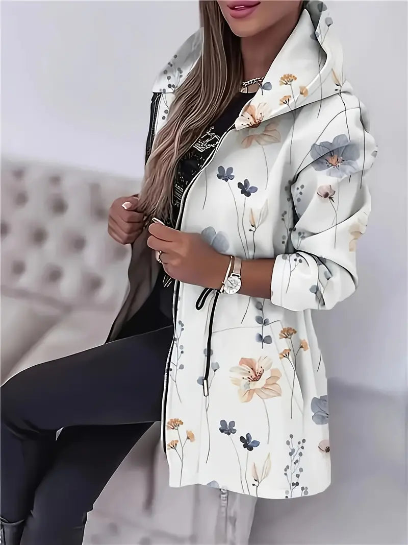 Women - Drawstring Hoodie - Floral Print - Comfortable Casual Wear