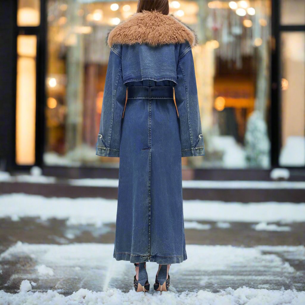 Women - Denim Trench Coat - Elegant Style with Belt - Chic Outerwear for Every Season