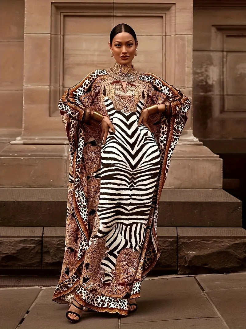 Maxi Dress With Zebra and Paisley Print, Bat Sleeves and Split Neckline