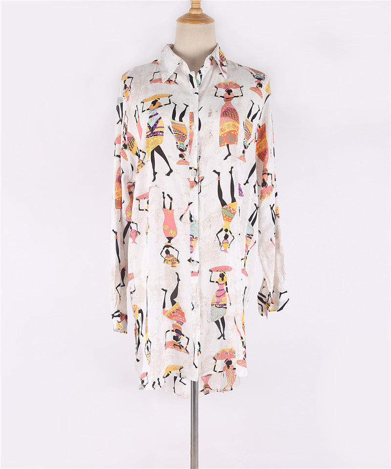 Luxury Beach Cartoon Printed Shirt Style Cover-up