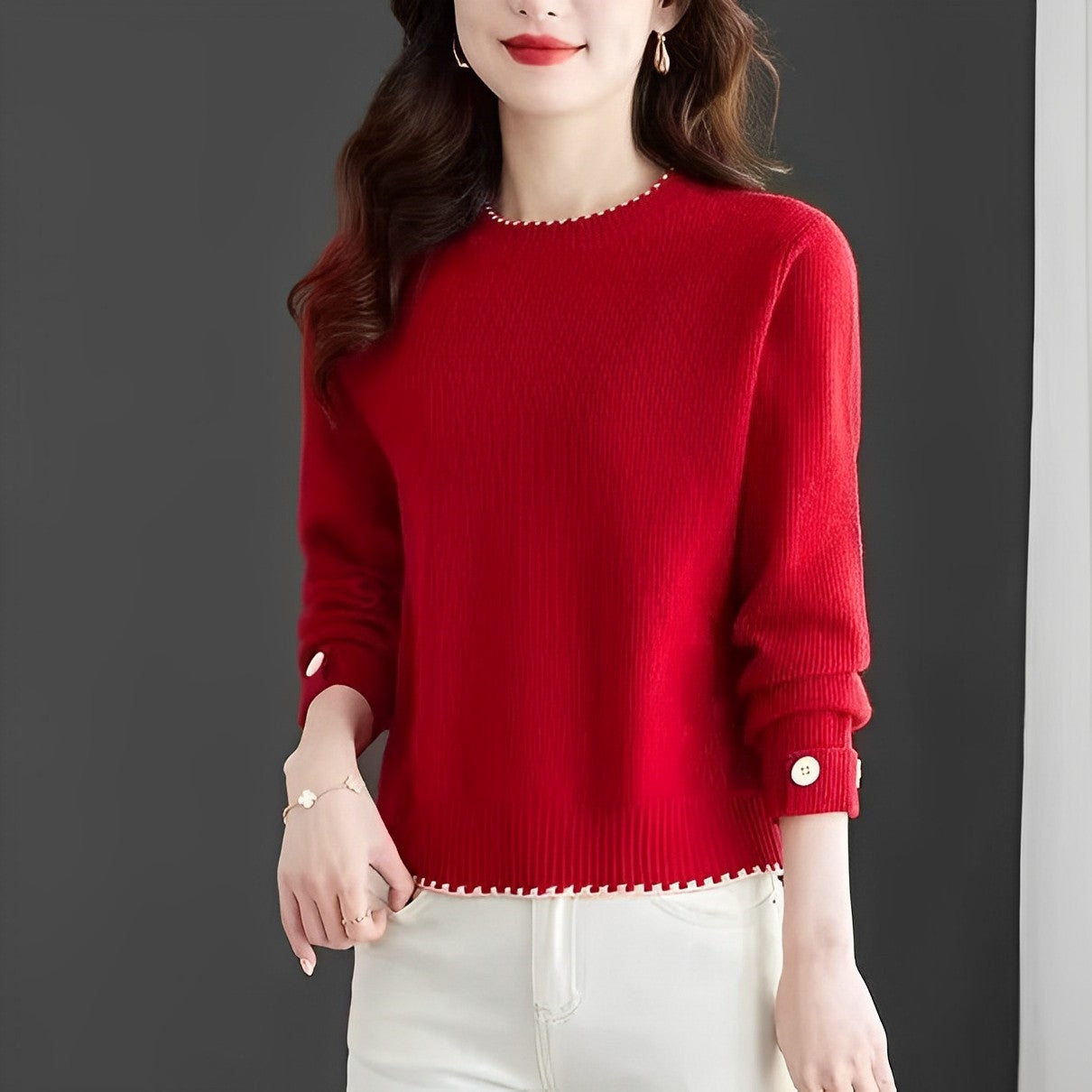 Women - Knitted Jumper - Cozy Round-Neck - Chic Everyday Knitwear