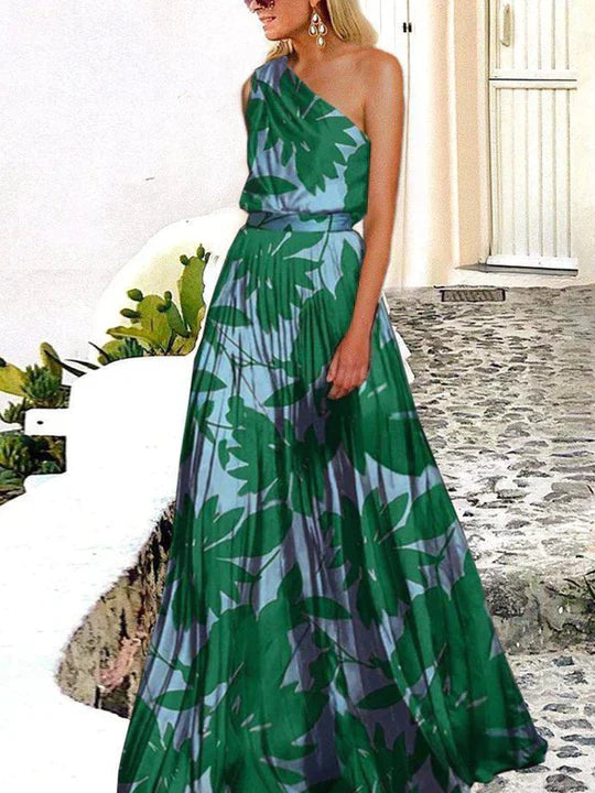 Printed maxi dress with one shoulder section